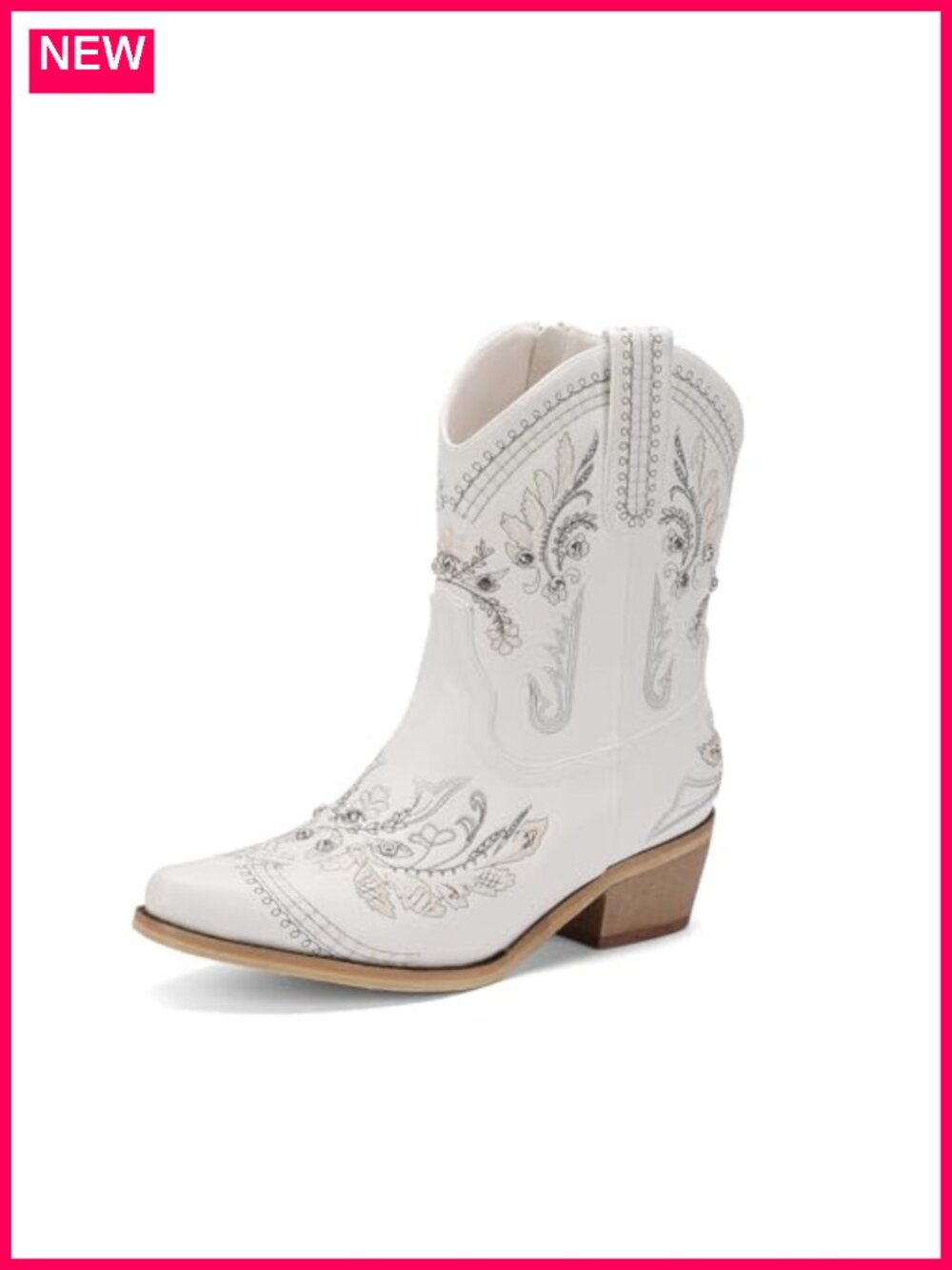 Rhinestone Embroidered Ankle Cowboy Boots for Women Low Heel Side Zipper Chunky